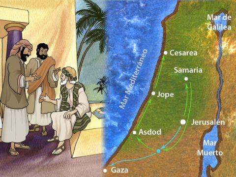 “Pero Felipe se encontró en Azoto, y pasando por allí, anunciaba el evangelio en todas las ciudades, hasta que llegó a Cesarea”.<br/>Hechos 8:40<br/>(RVA) – Número de diapositiva 17
