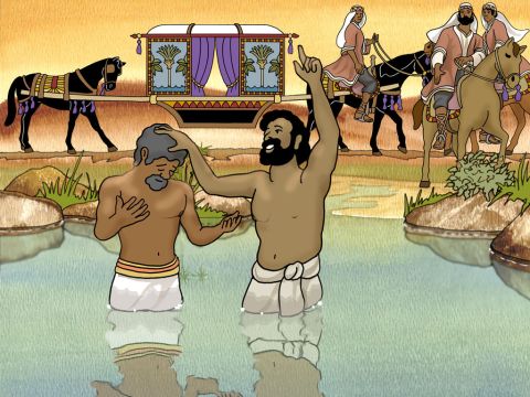 “Mientras iban por el camino, llegaron a donde había agua, y el eunuco dijo:<br/>—He aquí hay agua. ¿Qué impide que yo sea bautizado?<br/>Y mandó parar el carro. Felipe y el eunuco descendieron ambos al agua, y él le bautizó”.<br/>Hechos 8:36 y 38<br/>(RVA)<br/>Nota: Traducciones posteriores añaden como verso 37: “Felipe dijo: «Si crees con todo tu corazón, puedes». Y ele le dijo: «Creo que Jesús Cristo es el hijo de Dios»”. – Número de diapositiva 15