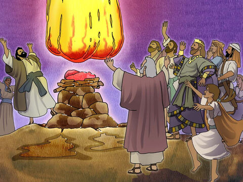 Entonces cayó el fuego del Señor, y consumió el holocausto, la leña, las piedras y el polvo, y lamió el agua de la zanja. Cuando todo el pueblo lo vio, se postraron sobre su rostro y dijeron: “El Señor, Él es Dios; el Señor, Él es Dios.” (1 Reyes 18:38–39, LBLA) – Número de diapositiva 15