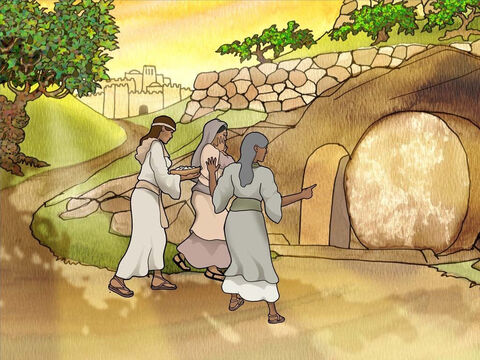 El domingo, las mujeres fueron al sepulcro de Jesús para llevar especias y ungir su cuerpo. Al acercarse al sepulcro se preguntaron cómo entrarían. Encontraron la piedra removida y al entrar vieron que el cuerpo de Jesús no estaba. (Marcos 16:1-4) – Número de diapositiva 4