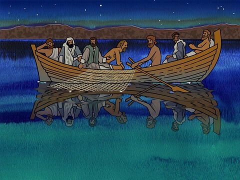 Era el momento de que los discípulos fueran a Galilea y vieran a Jesús como Él les había indicado. Jesús aún no había aparecido y una noche Pedro decidió salir a pescar al Mar de Galilea. Algunos de los discípulos se le unieron. (Juan 21:1-3) – Número de diapositiva 9