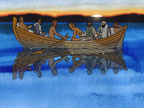 Algunos de los discípulos, incluido Pedro, eran pescadores experimentados. Salieron a pescar toda la noche y no pescaron nada. Al amanecer, regresaron a la orilla, decepcionados, remando. Probablemente les pareció una gran pérdida de tiempo. (Juan 21:3b) – Número de diapositiva 10