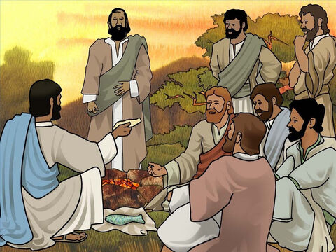 Cuando todos bajaron a tierra, Jesús les dijo: "Venid a desayunar". Jesús ya había dejado preparado un fuego y un pescado colocado sobre él y pan. Jesús también les animó a que agregaran algunos de los peces a la comida. (Juan 21:9-14) – Número de diapositiva 14