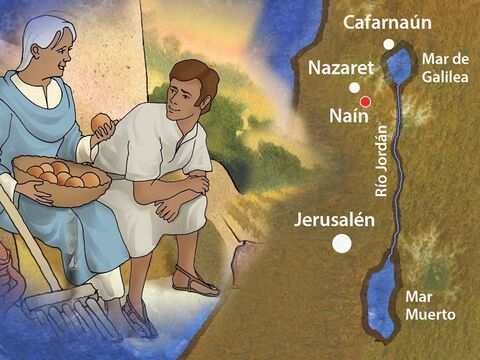 Jesús y sus discípulos viajaron al sur, a un pueblo llamado Naín. En hebreo, Naín significa "pastos verdes", " agradable". Naín se encontraba a 25 millas (40 km) al suroeste de Capernaúm. Allí vivían un joven y su madre viuda. – Número de diapositiva 1