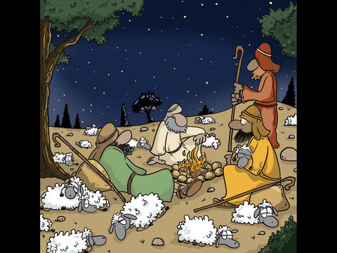 Los pastores se quedaban en los campos fuera de la ciudad. Entonces apareció un ángel y la gloria de Dios brilló. – Número de diapositiva 4