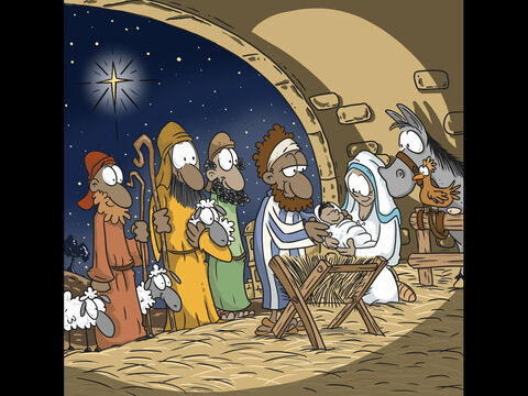 Encontraron a María y José donde dijo el ángel. El Niño Jesús estaba arropado, con un pesebre por cama. – Número de diapositiva 8